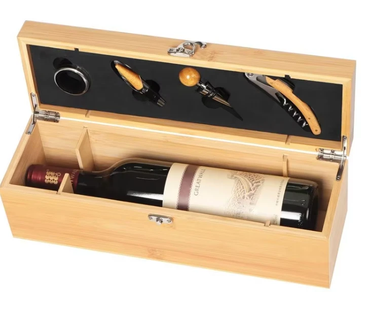 Wooden Wine Box With 4 Pcs Wine Accessories factory